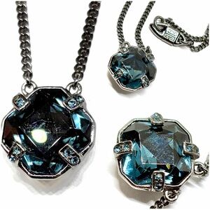 Vintage Rare GIVENCHY Gunmetal Blue Swarovski Crystal Chain Pendant Necklace 8”